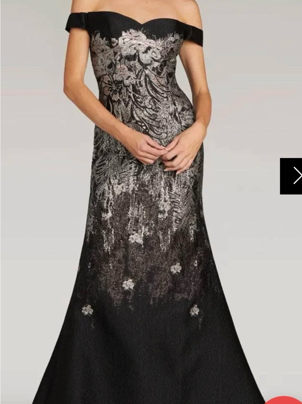 Gia Franco Off-Shoulder Black Gown w/ Silver & Champagne/Gold Floral Detail